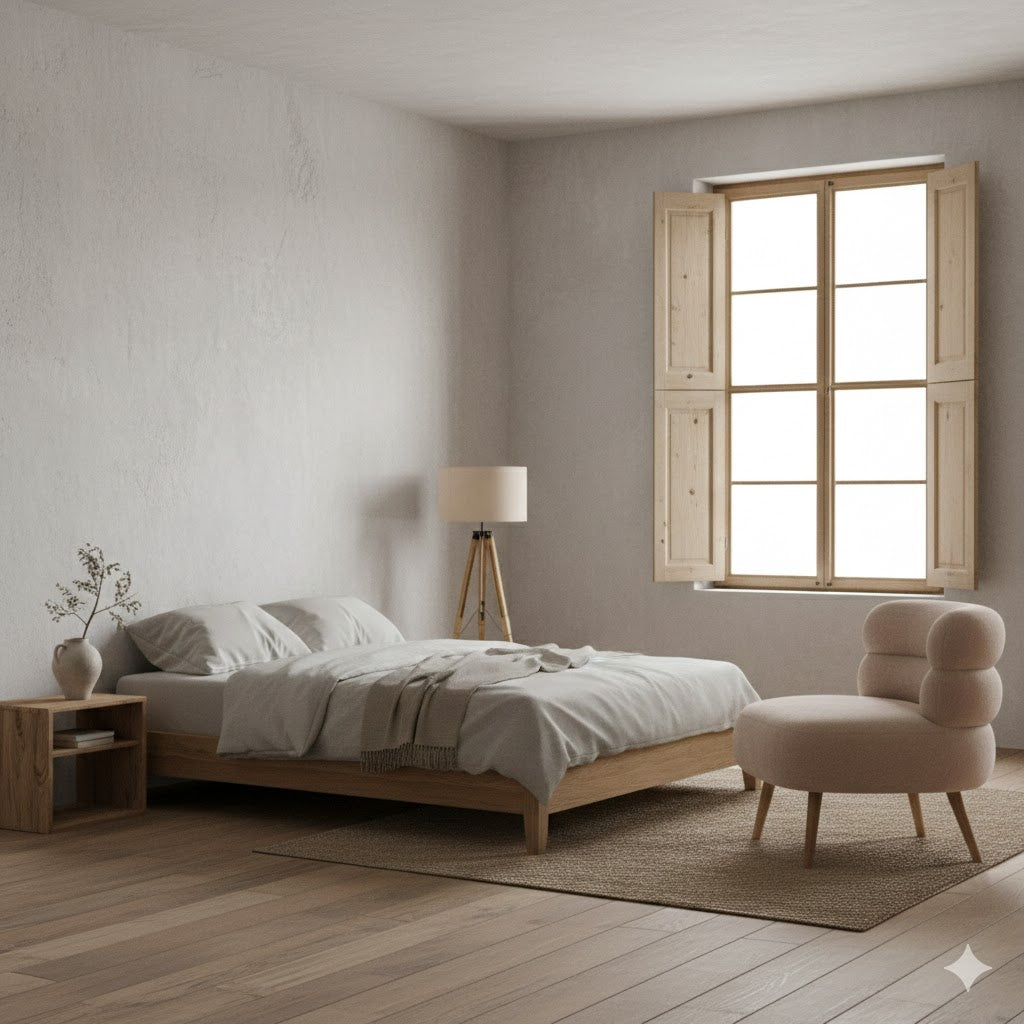 Beige teddy fauteuil Margot in een rustgevende wabi sabi slaapkamer met houten shutters voor de ramen van Rimisa.