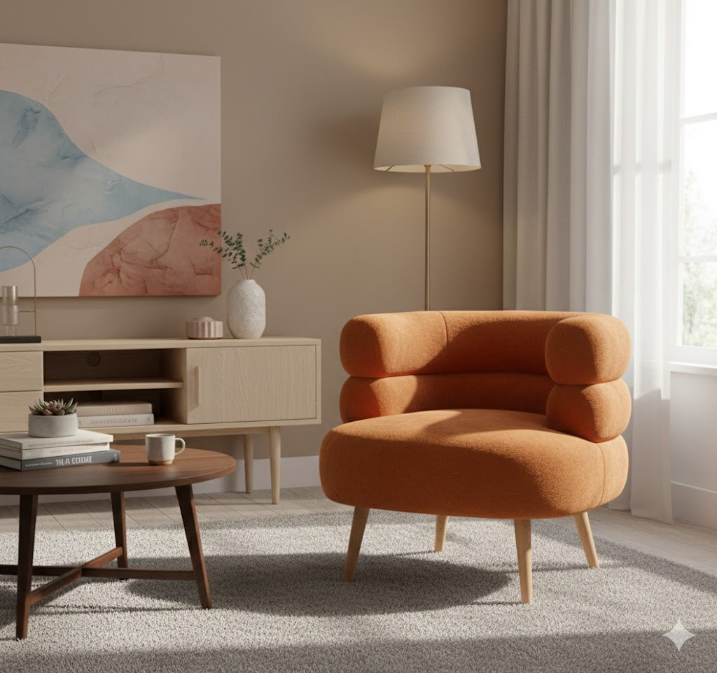 feervolle woonkamer met oranje teddy fauteuil Margot van Home Bound, houten salontafel en moderne decoratie voor een warm interieur, Rimisa.