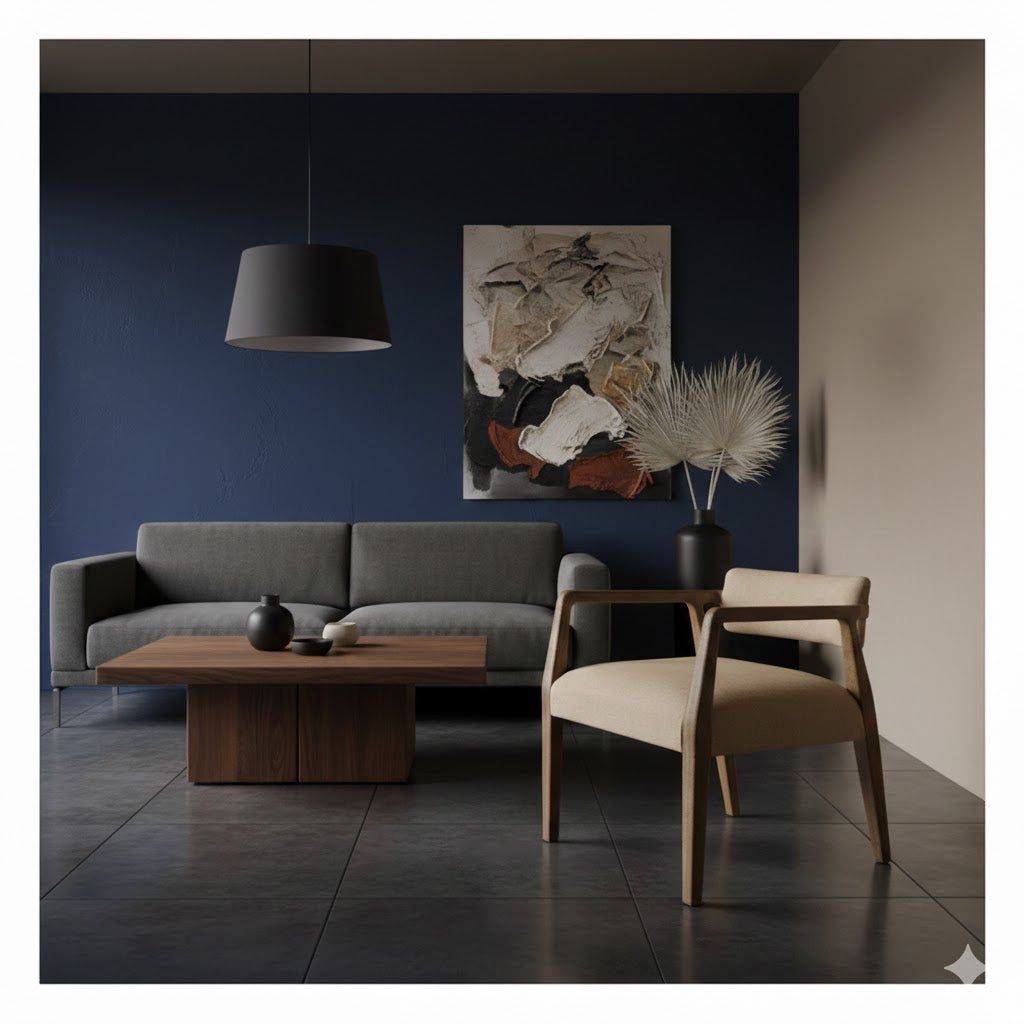 Modern en gedurfd interieur met donkerblauwe muur en een naturel Japandi armstoel van mangohout - Rimisa