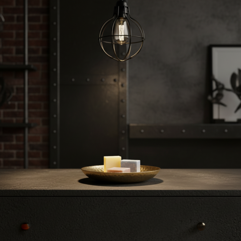 3 amberblokjes de lente geurset in een goudkleurig schaaltje op een dressoir in een loft interieur