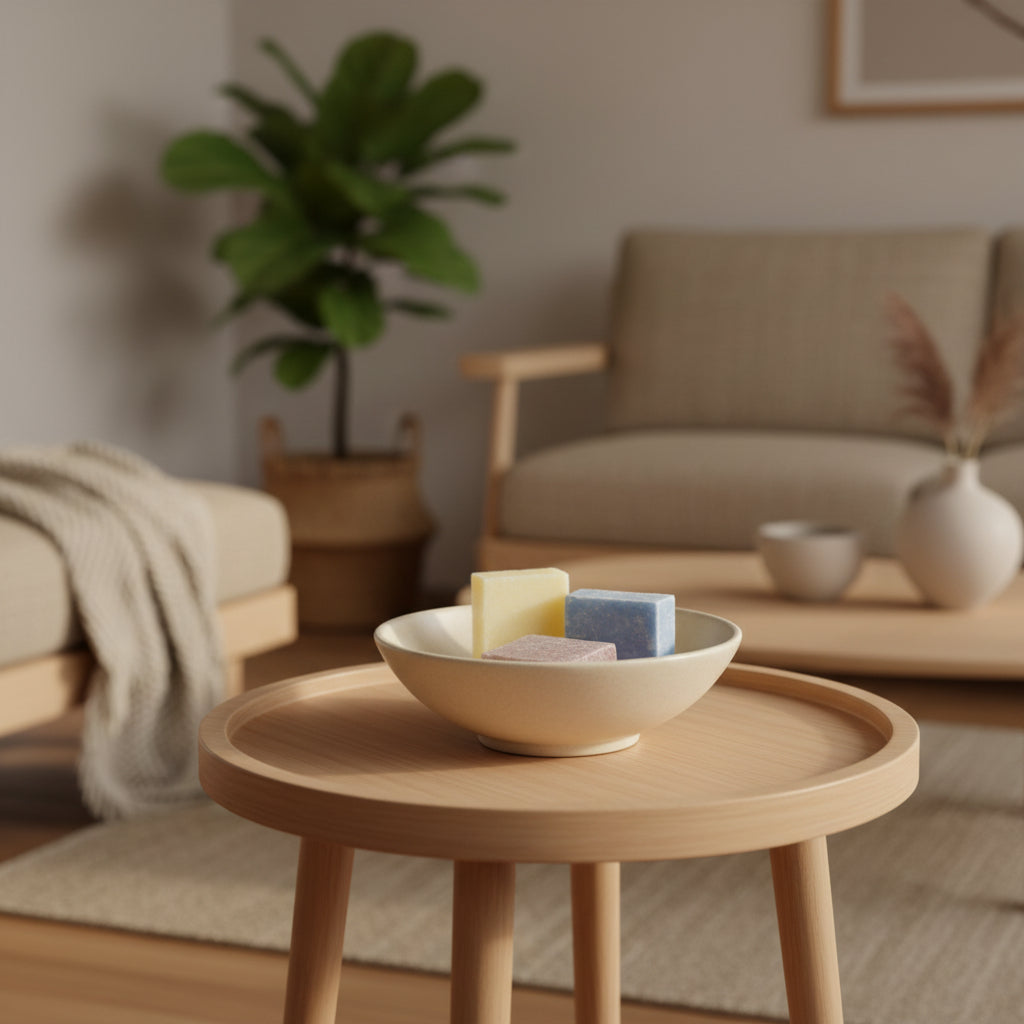 3 amberblokjes de lente geurset in een beigeschaal op een  bijzettafel in een japandi stijl woonkamer