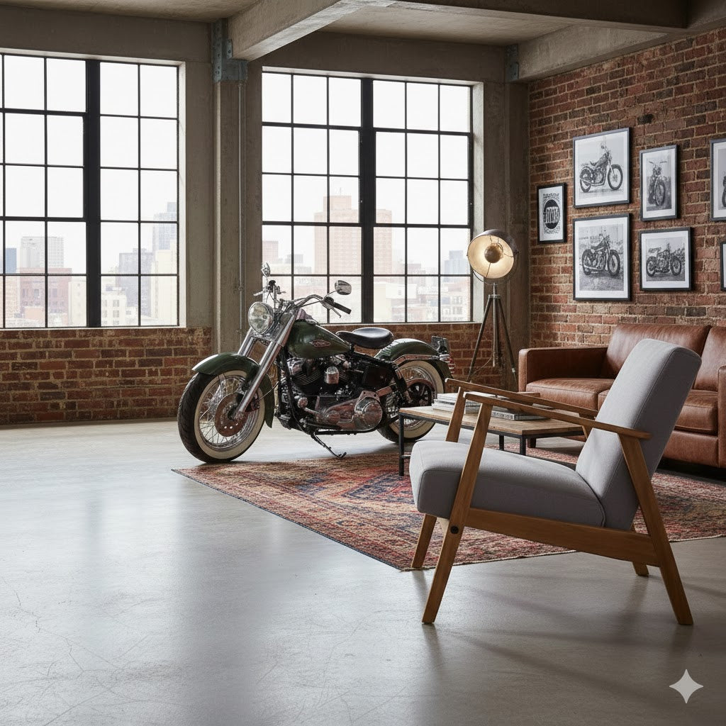 Iconische grijze retro fauteuil by Mooss met houten frame in een industrieel loft interieur met een Harley Davidson motorfiets, bakstenen muur en grote ramen - Rimisa