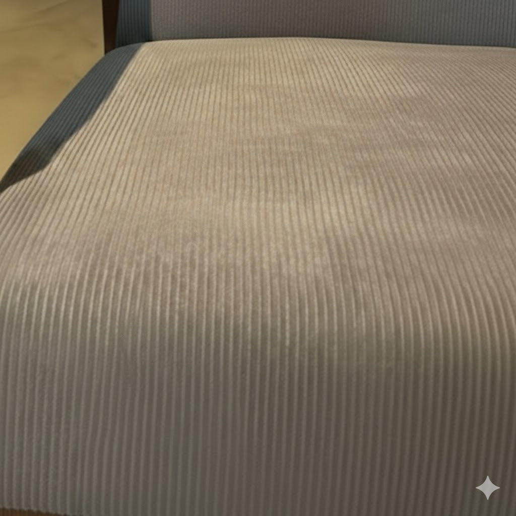 Detailopname van de grijze ribstof textuur en de structuur van het massieve houten frame van de Mooss retro fauteuil - Rimisa