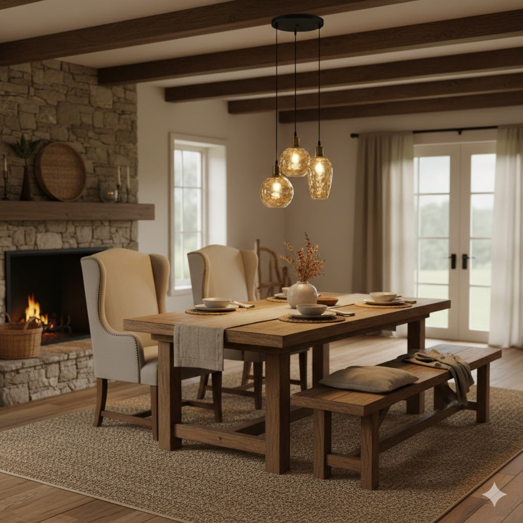 3-lichts hanglamp Verona met amberkleurige glazen bollen boven een rustieke eikenhouten eettafel in een woonboerderij van Rimisa.