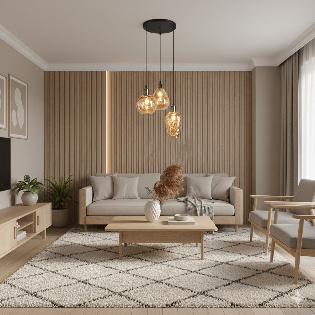 Sfeervolle 3-lichts hanglamp Verona met amberkleurige glazen bollen in een modern interieur met een lichte houten lattenwand van Rimisa.