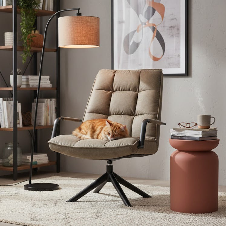 Sfeervolle leeshoek met een taupe Hidde draaifauteuil, een roze By Moos bijzettafel en een slapende poes bij Rimisa