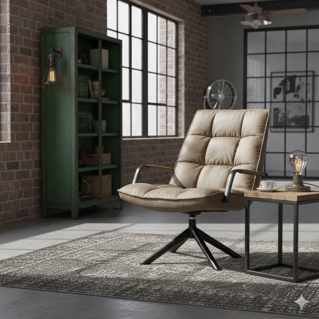 idde draaifauteuil taupe van Homebound in een industrieel interieur met bakstenen muur metalen kast en robuuste houten bijzettafel Rimisa
