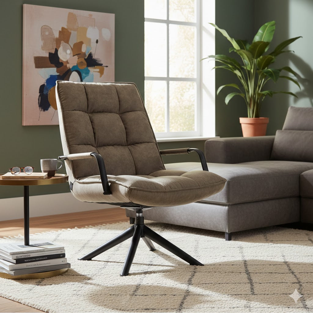 Hidde draaifauteuil taupe van Homebound in een modern sfeervol interieur met een groen accentmuur en design bijzettafel Rimisa