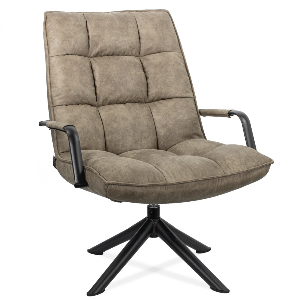 Hidde draaifauteuil taupe van Homebound met voor-zijaanzicht met een gecapitonneerde zitting en zwart metalen draaivoet Rimisa