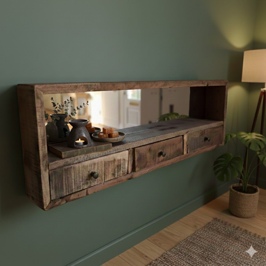 Sfeerimpressie van een rustieke houten spiegelkast van By Mooss 90x30 cm in een sfeervolle hal met groene wand, gedecoreerd met een geurbrander en een schaaltje amberblokjes - Rimisa