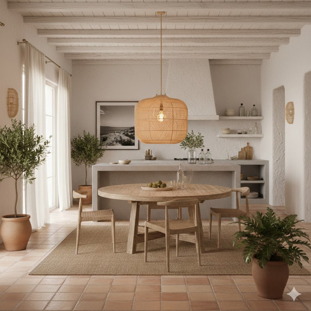 Sfeervolle Ibiza stijl woonkeuken met een rieten Batu Bolong hanglamp inclusief warm brandende G95 filament ledlamp - Rimisa