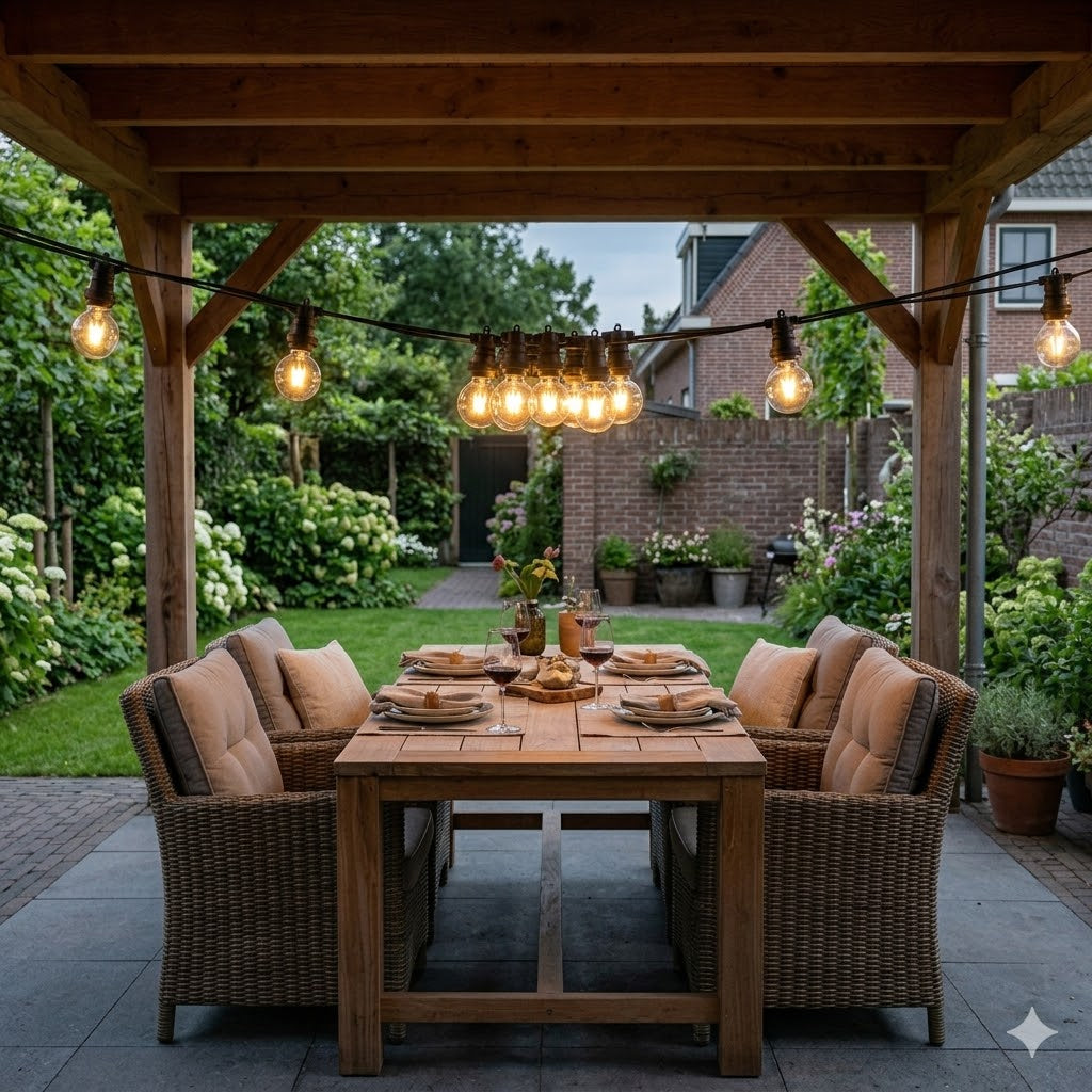 Een sfeervolle avondfoto van een luxe landelijke achtertuin met een prikkabel boven een houten tuinstel. De foto toont duidelijk de flexibiliteit: boven de tafel zijn de zwarte Rimisa E27 fittingen met warme LED-kogellampen dicht op elkaar gemonteerd (een cluster), terwijl verderop langs de kabel de lampen uniform op een afstand van 80 cm van elkaar hangen.