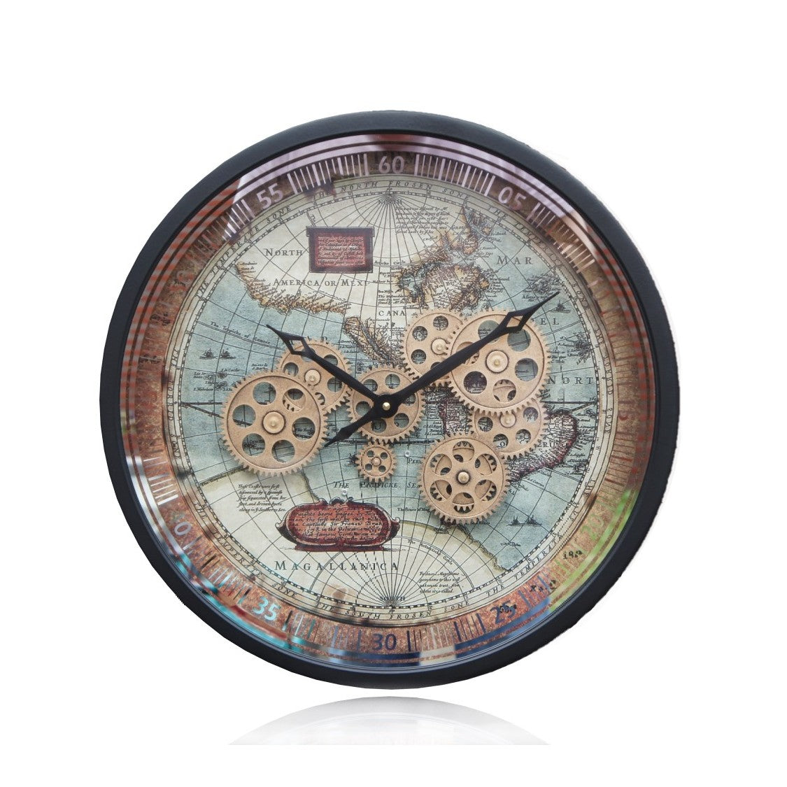 Industriële zwarte radarklok Boaz met een vintage wereldkaart en draaiende tandwielen, diameter 46 cm – rimisa