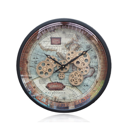 Industriële zwarte radarklok Boaz met een vintage wereldkaart en draaiende tandwielen, diameter 46 cm – rimisa