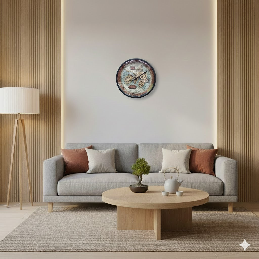 Industriële radarklok Boaz met vintage wereldkaart en messing tandwielen in een sfeervolle Japandi-zithoek met houten wandpanelen – rimisa