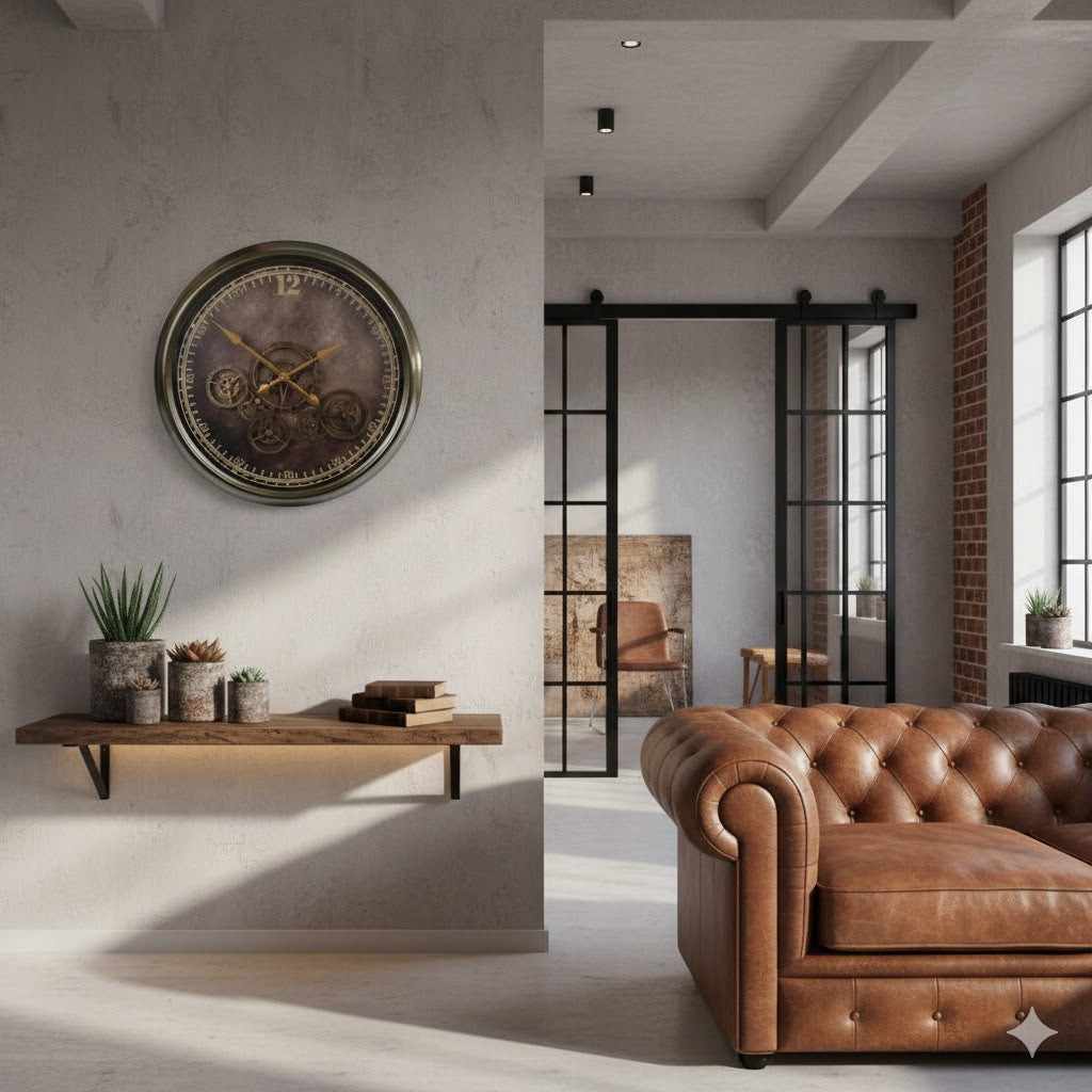 Grote industriële radarklok Vienna met bewegende tandwielen boven een mangohouten wandtafel in een modern loft interieur met lederen bank en zwarte taatsdeuren, exclusief bij Rimisa.