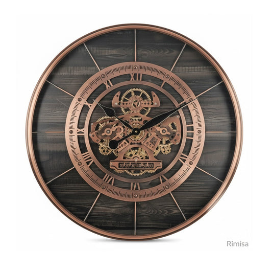 Grote industriële wandklok Wabi van 70cm met draaiende tandwielen in brons en zwart hout op een witte achtergrond rimisa
