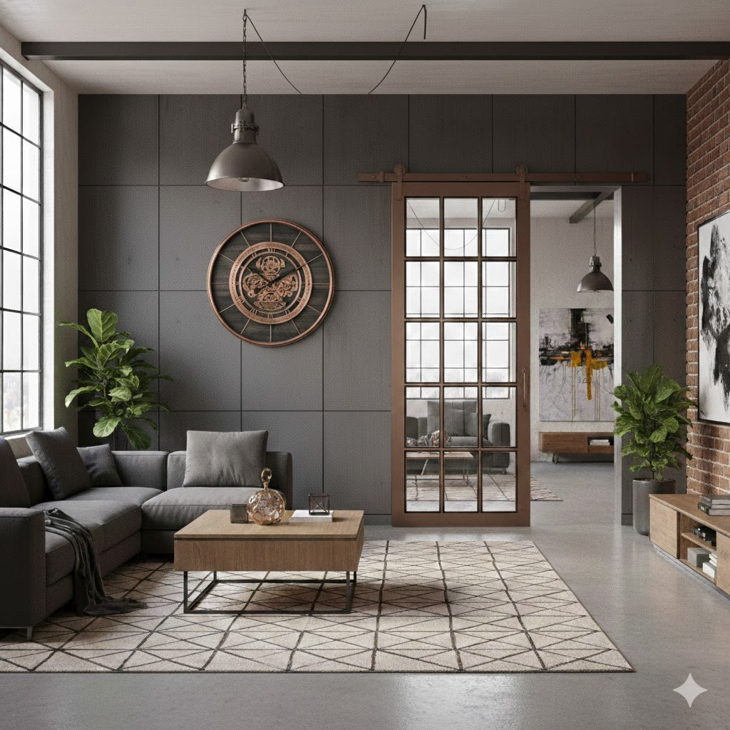Industriële radarklok Wabi 70cm aan een grijze wand in een modern loft interieur met een bronzen taatsdeur en grijze hoekbank rimisa