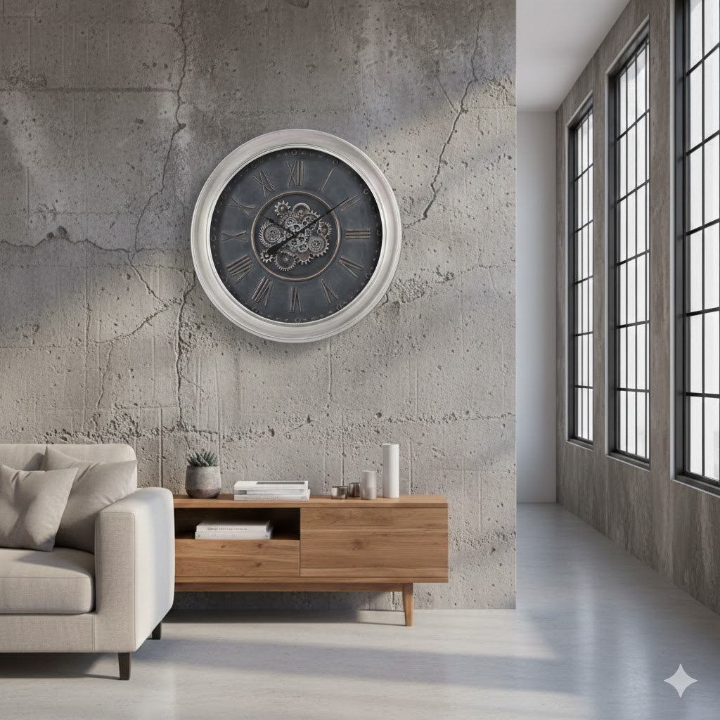 "Grote industriële wandklok Maddox van 102 cm met zichtbaar tandwielmechanisme, opgehangen aan een lichtgrijze betonnen muur in een modern loft-interieur met houten dressoir."