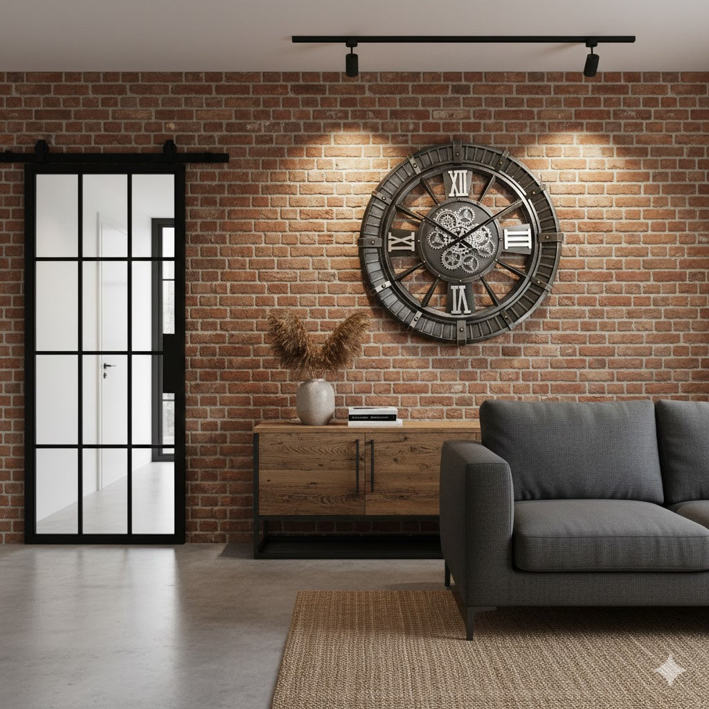 Een sfeervol industrieel interieur met een grote metalen radarwandklok van 92 cm op een authentieke bakstenen muur. Links in de ruimte staat een zwarte stalen taatsdeur met glas. De kamer is verder ingericht met een modern houten dressoir, een grijze bank en zwarte railverlichting die de klok accentueert