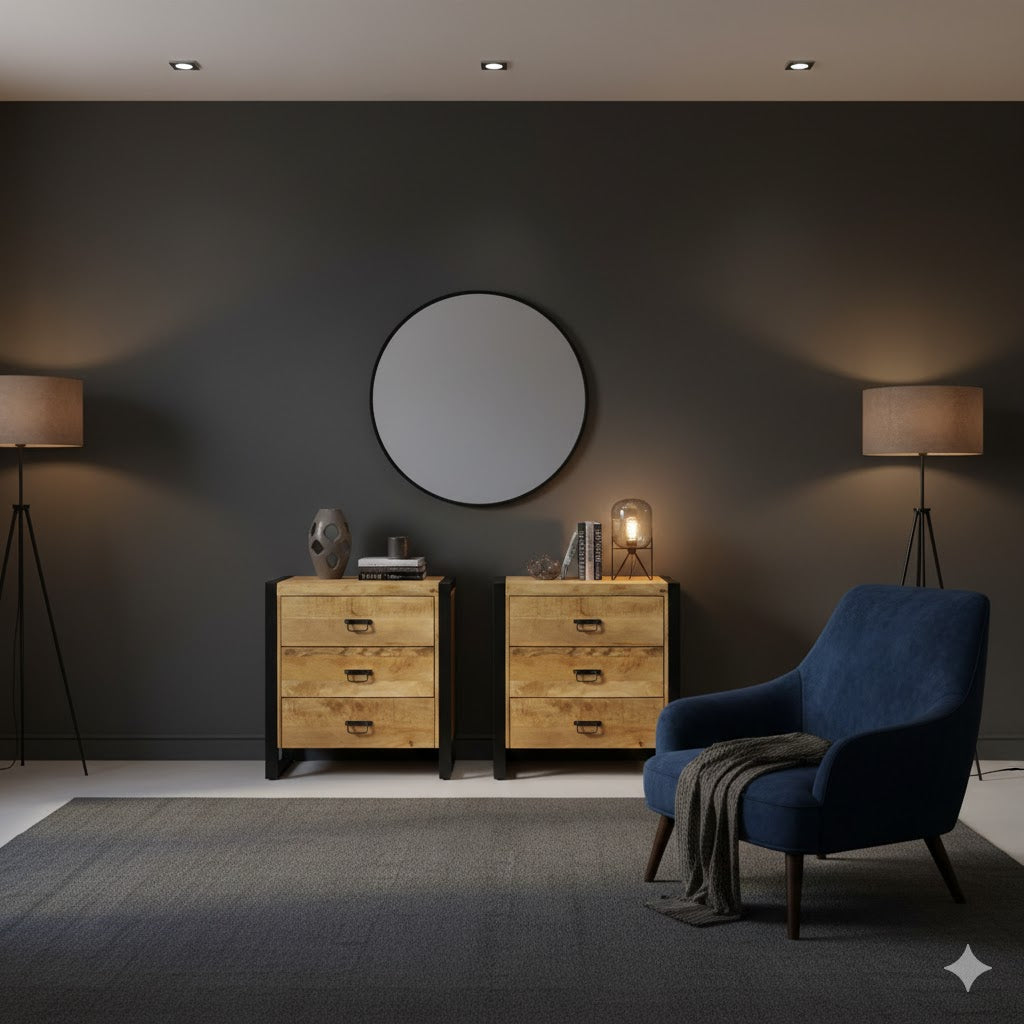 Sfeervol industrieel interieur met twee houten Britt ladekasten naast elkaar tegen een donkergrijze wand, gedecoreerd met een ronde spiegel, moderne lampen en een blauwe fauteuil.