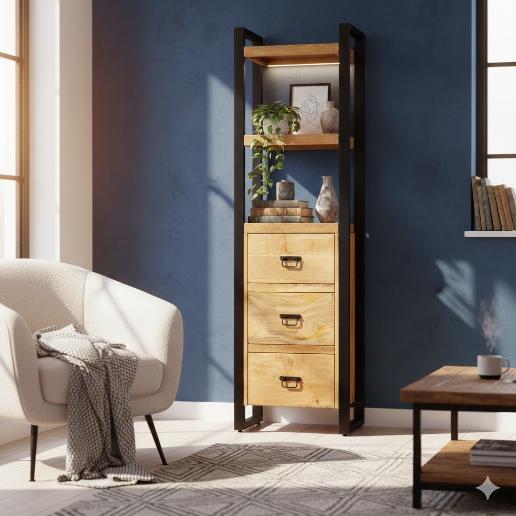 Sfeervolle woonkamer setting met de industriële Boekenkast Britt van mangohout, gedecoreerd met boeken en planten naast een moderne fauteuil bij een zonnig raam.