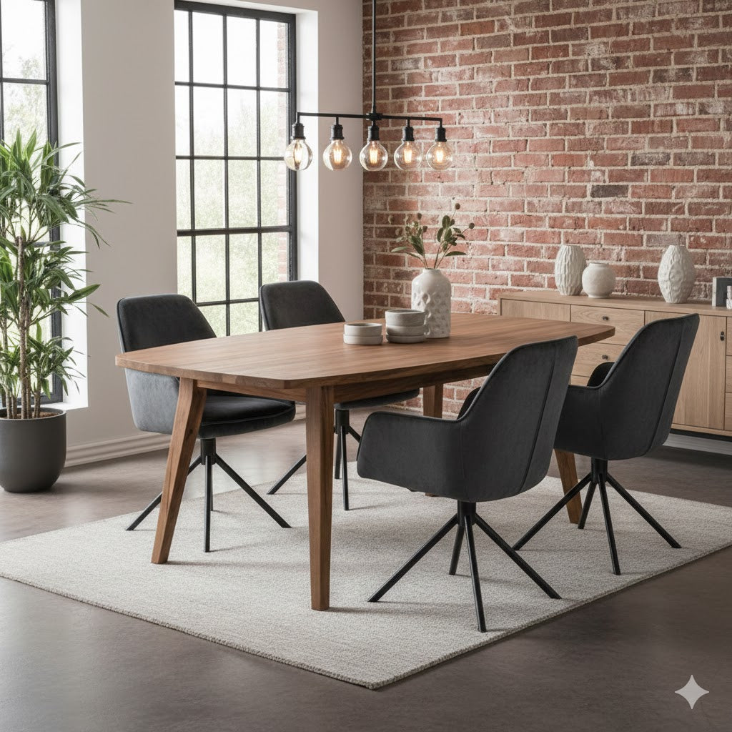 Industrieel interieur met een bakstenen muur, voorzien van vier antraciet velvet Noah eetkamerstoelen rond een ovale mango houten tafel van Benoa bij Rimisa.