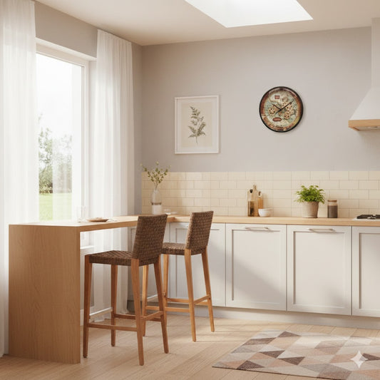 Sfeervol keukeninterieur met op de wand een industriële radarklok Boaz voorzien van wereldkaart en messing tandwielen – rimisa