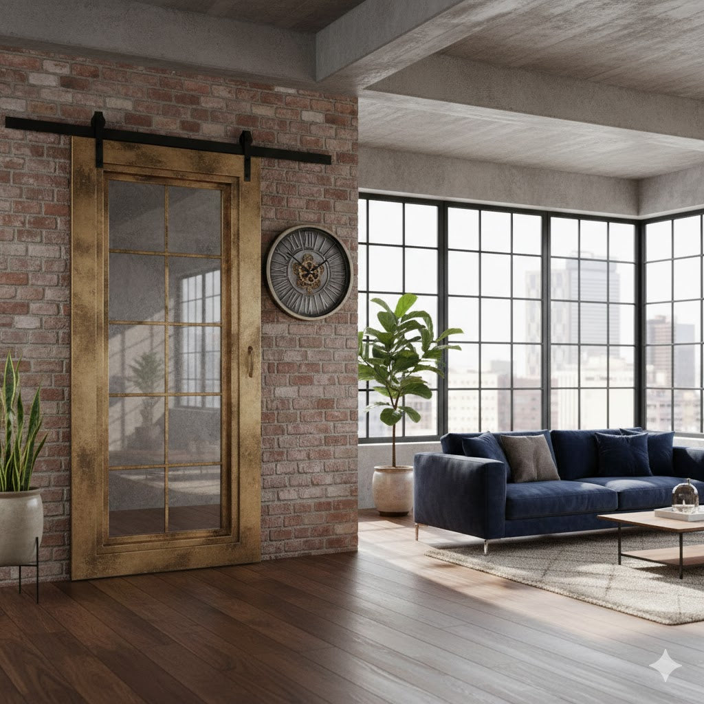 Industriële loftruimte met een luxe oud-gouden taatsdeur en de radarklok Hamburg S met zichtbare tandwielen aan een bakstenen muur van rimisa