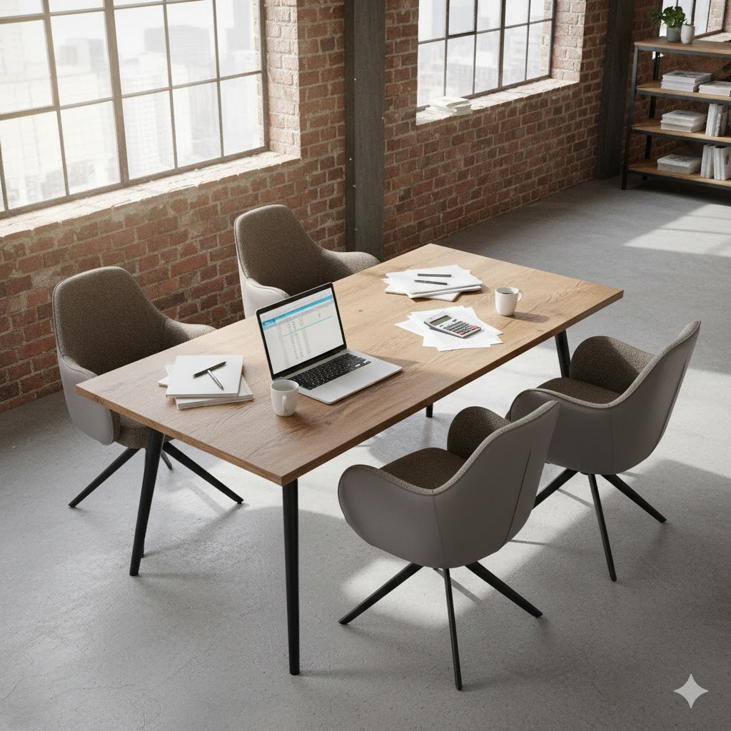 Een sfeervol loft interieur met een houten eettafel waaraan vier luxe tweekleurige (two-tone) Kyler Ash stoelen van Benoa staan. Op de tafel liggen een laptop, rekenmachine en documenten, wat een professionele en warme sfeer uitstraalt voor een thuiswerkplek of vergaderruimte.
