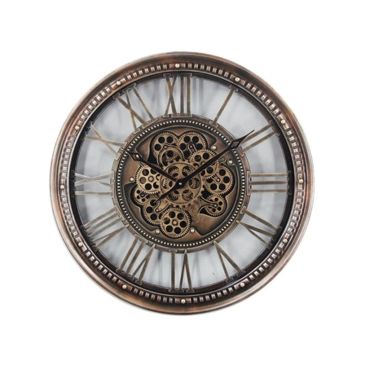 Vooraanzicht van de industriële radarklok California in vintage goud met 14 draaiende tandwielen van rimisa