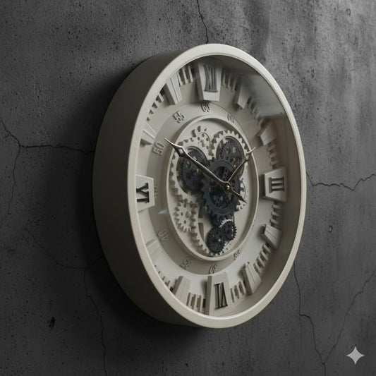 Beige industriële wandklok Chippy met een diameter van 46cm en draaiende raderen gepresenteerd op een robuuste betonnen wand van Rimisa.