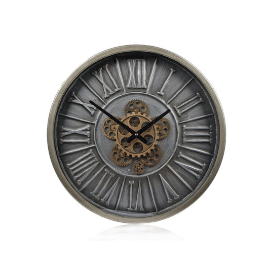 Industriële wandklok Hamburg S van 46,5 cm met draaiende tandwielen en een uitgestanste stalen wijzerplaat in een modern interieur van Rimisa