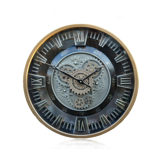 Industriële bronzen radarklok Misty met draaiende tandwielen tegen een witte achtergrond van rimisa