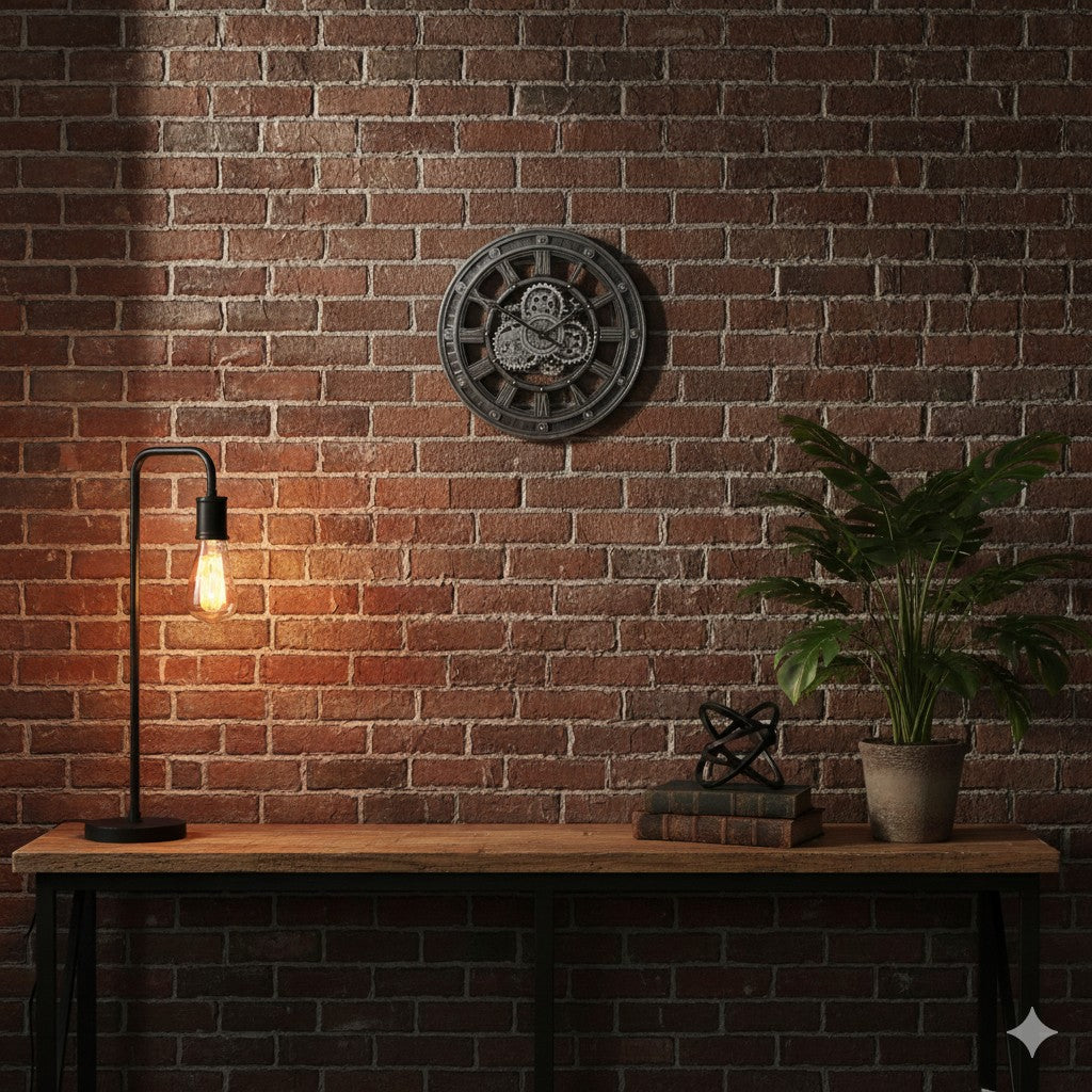 Een stijlvolle industriële radarklok Nora aan een bakstenen muur boven een houten dressoir in een sfeervolle woonkamer rimisa.