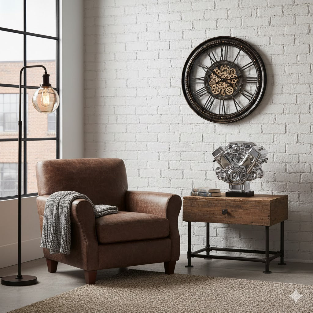 Grote zwarte radarklok aan een witte bakstenen muur boven een bruine leren fauteuil in een industrieel interieur.