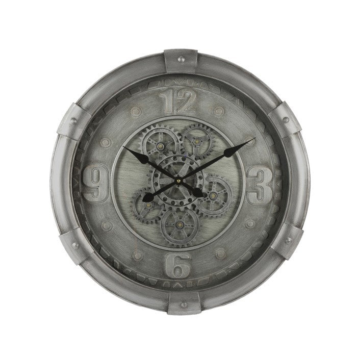 Grote ronde industriële radarwandklok Darlington in zilver metaal met een doorsnede van 62cm en zichtbare draaiende tandwielen, een tijdloos decoratiestuk van Rimisa.
