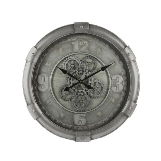 Grote ronde industriële radarwandklok Darlington in zilver metaal met een doorsnede van 62cm en zichtbare draaiende tandwielen, een tijdloos decoratiestuk van Rimisa.