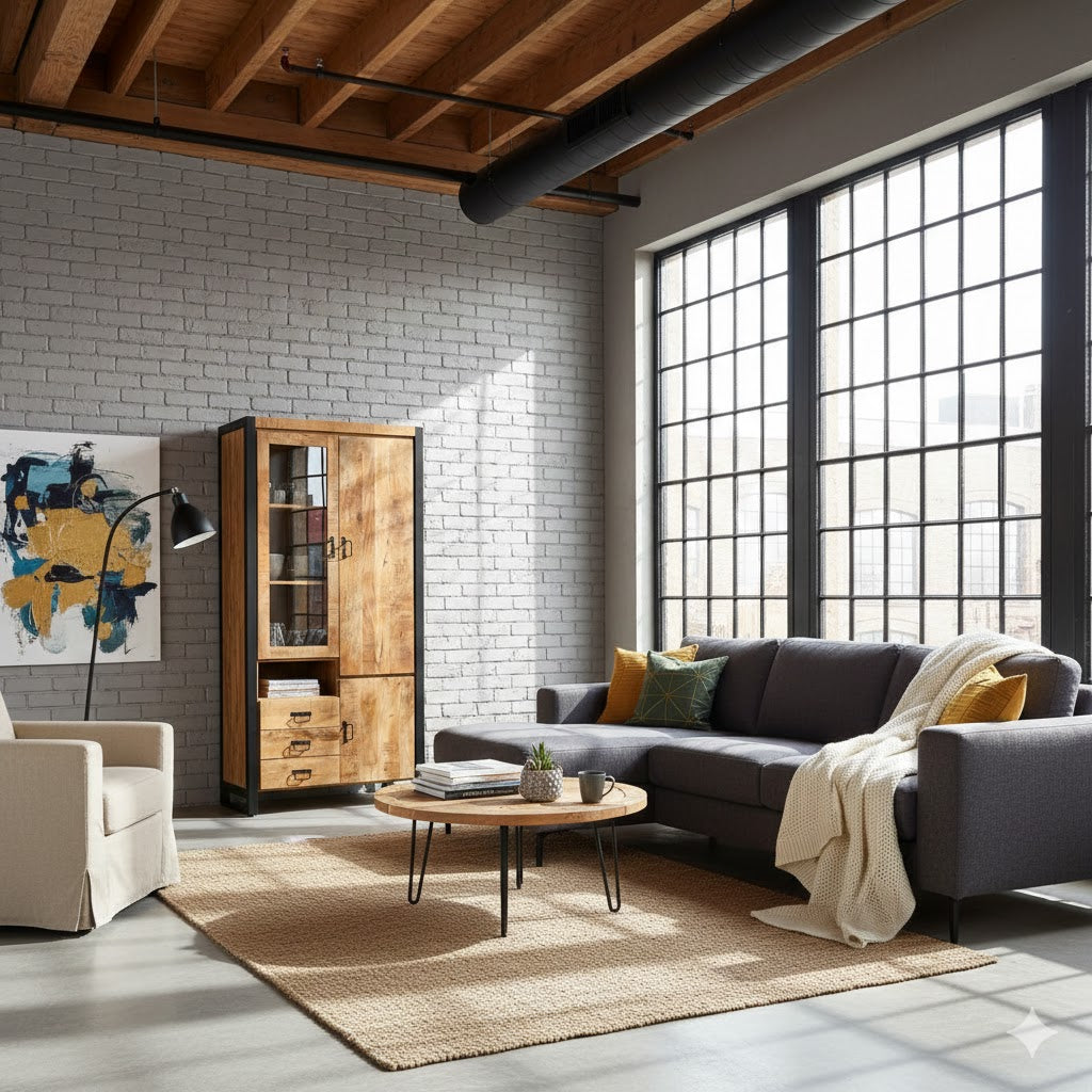 Een sfeervol loft interieur met de industriële vitrinekast Britt van mangohout en zwart metaal, geplaatst tegen een grijze bakstenen muur naast een moderne grijze bank en houten salontafel.