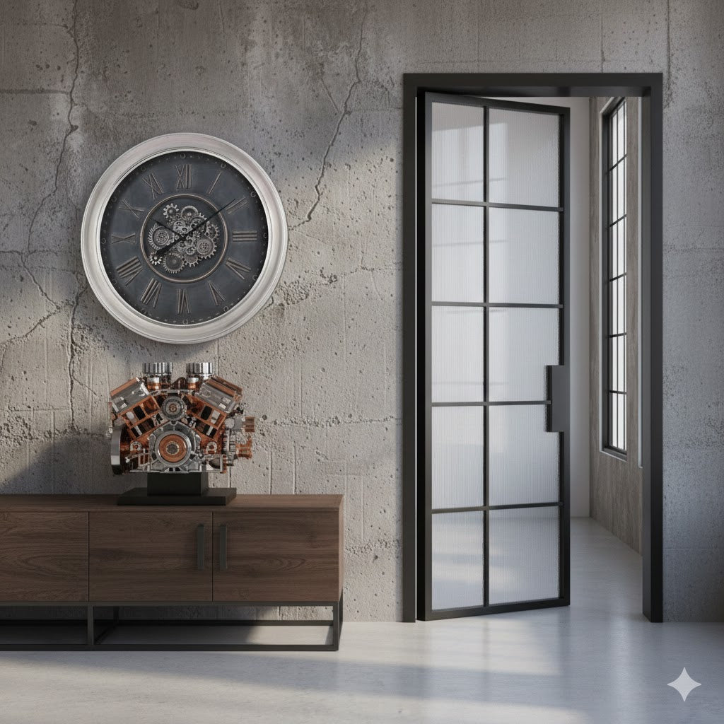 Grote industriële wandklok Maddox (102 cm) boven een houten dressoir met een opengewerkt schaalmodel van een V6-motor. Op de achtergrond is een moderne zwarte stalen taatsdeur zichtbaar in een industrieel loft-interieur."