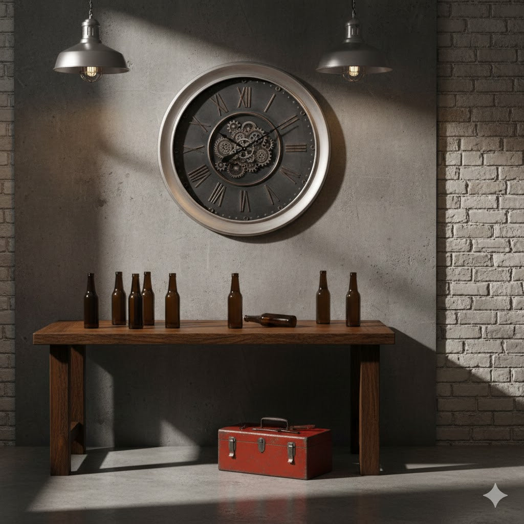 Een grote industriële ronde wandklok met zichtbare tandwielen en Romeinse cijfers hangt aan een grijze betonwand in een sfeervol loft. Op de voorgrond staat een houten tafel met bruine bierflessen en op de grond staat een rode vintage gereedschapskist tegen een witte bakstenen muur.
