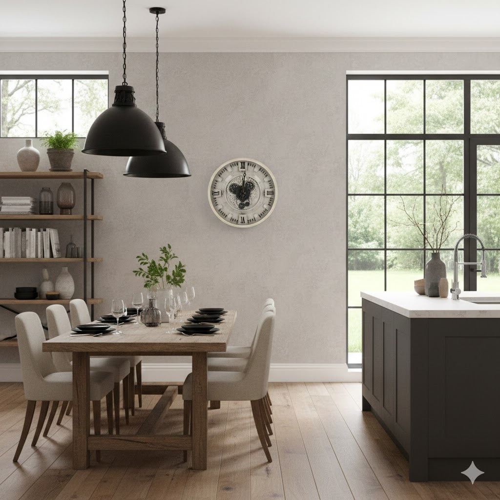 Industriële wandklok Chippy met draaiende radars van metaal in een sfeervolle moderne woonkeuken met houten eettafel, 46cm doorsnede rimisa