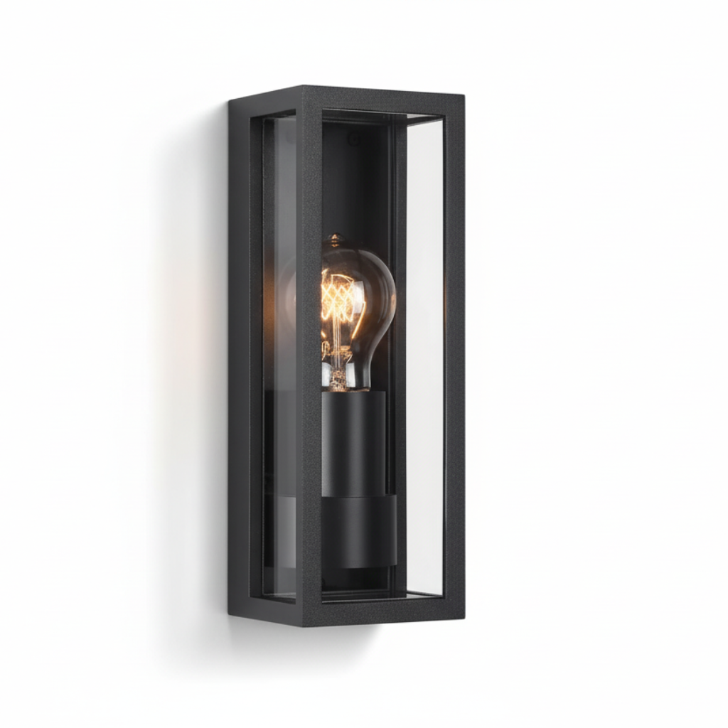 Industriële buitenwandlamp Tess zwart met helder glas