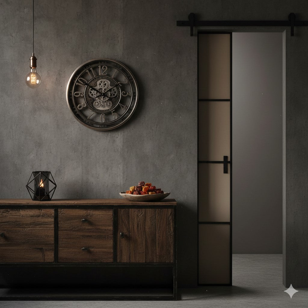 Sfeervolle woonkamer setting met de Countryfield Levi klok boven een houten dressoir tegen een betonlook muur.