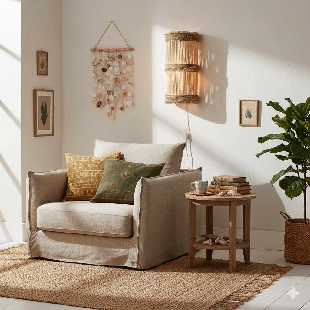 Handgemaakte Jalal Applique muurlamp naturel van Bazar Bizar in een boho chique leeshoek met een comfortabele fauteuil, houten bijzettafel en schelpen wanddecoratie van Rimisa