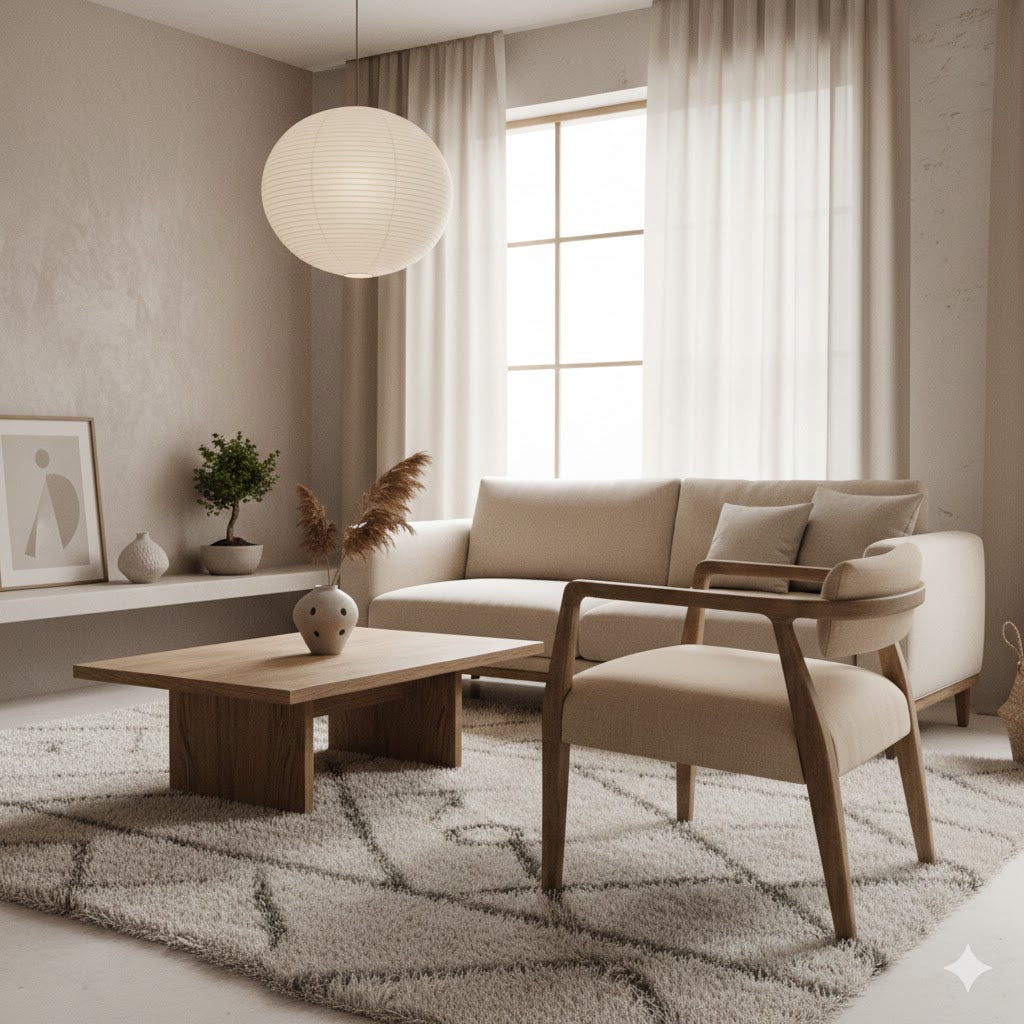 Minimalistisch Japandi interieur met een armstoel van mangohout en naturel stoffering - Rimisa