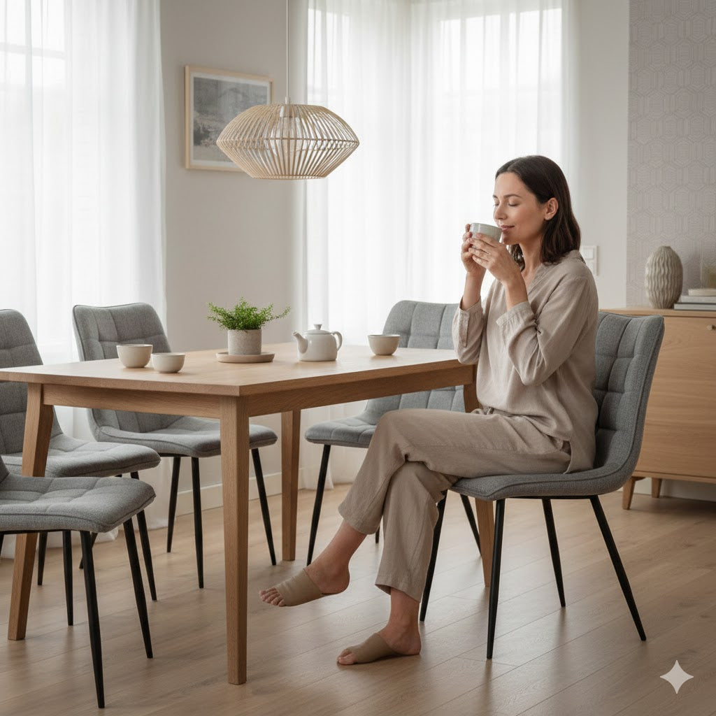 Een sfeervol Japandi interieur met de grijze Lucille eetkamerstoelen van Rimisa rondom een houten eettafel. Een vrouw geniet ontspannen van een kop thee in een lichte, minimalistische setting met natuurlijke materialen en een rustgevende uitstraling.