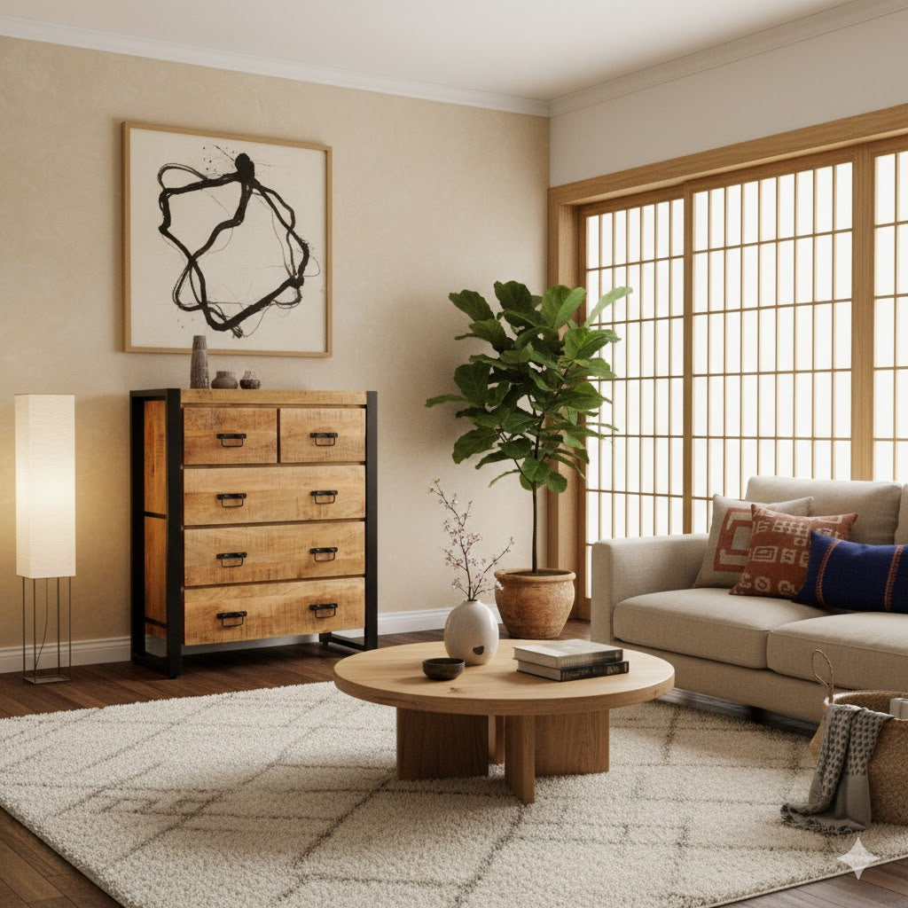 Sfeervolle Japandi woonkamer met een industriële ladekast Britt van mangohout en zwart metaal, gecombineerd met warme texturen, een houten salontafel en minimalistische decoratie.