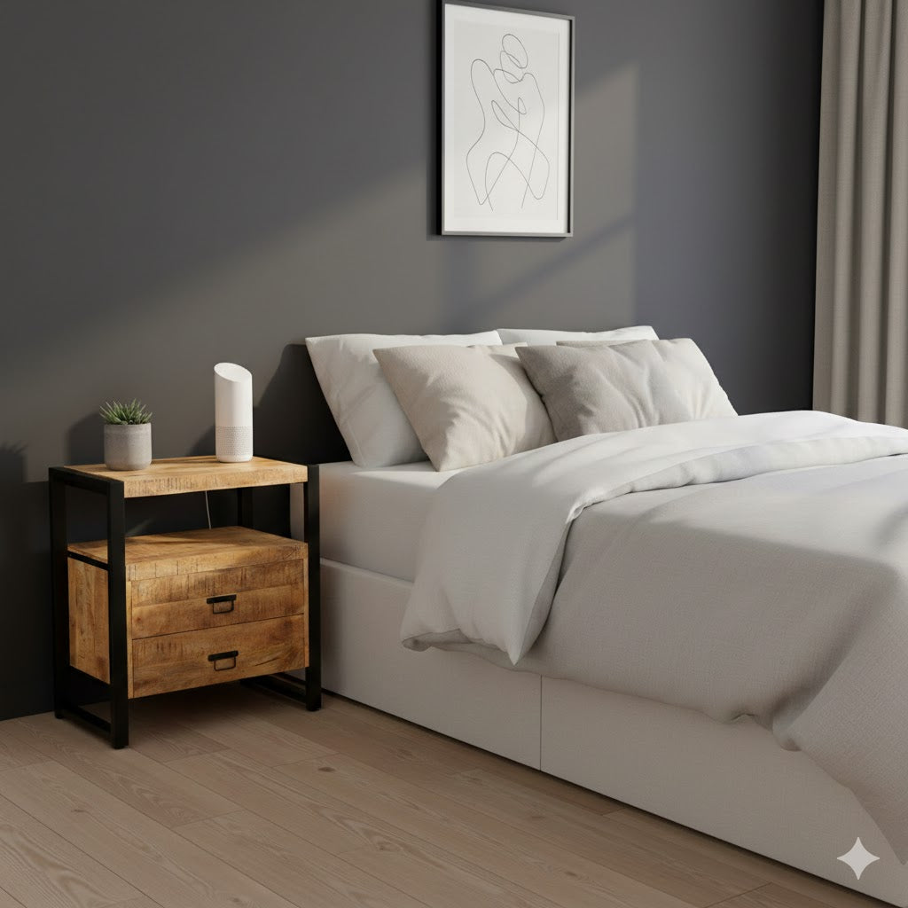 Een industrieel Britt nachtkastje van mangohout en zwart metaal naast een modern wit opgemaakt bed. De achterwand is uitgevoerd in een sfeervolle donkergrijze kleur, wat een mooi contrast vormt met het houten kastje. Op het nachtkastje staan een witte Google Home luidspreker en een klein groen plantje in een grijze pot. De ruimte heeft een stijlvolle Japandi uitstraling met een licht houten vloer en een abstract kunstwerk aan de muur.