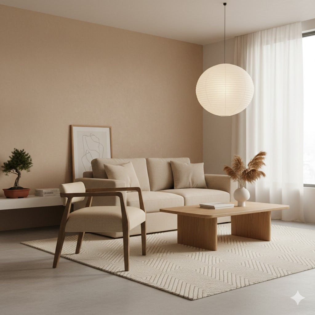 Lichte woonkamer in Japandi stijl met houten armstoel en rustige decoratie - Rimisa